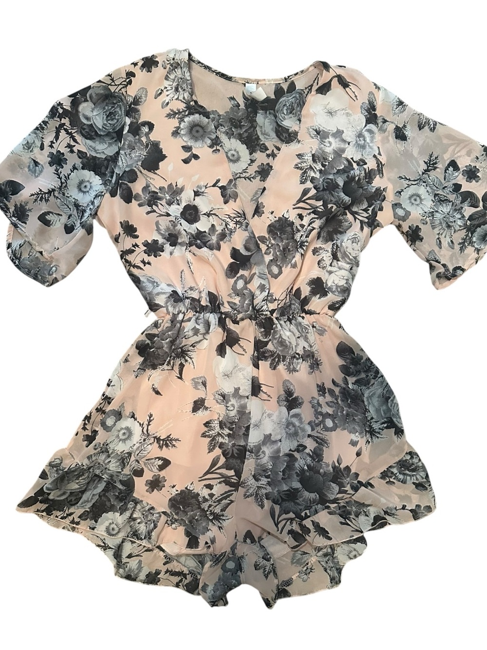 Blue Blush Pale Pink and Black Floral Romper with V-Neck